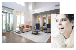 Apartment Lobby and Woman Smiling | Dallas Apartment Locators | Free Service | Call 972 818 3456