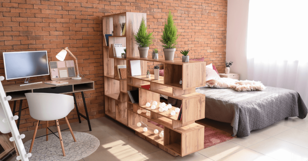 Studio type Apartment with a Shelf to Divide the Bed Space and the Working Space