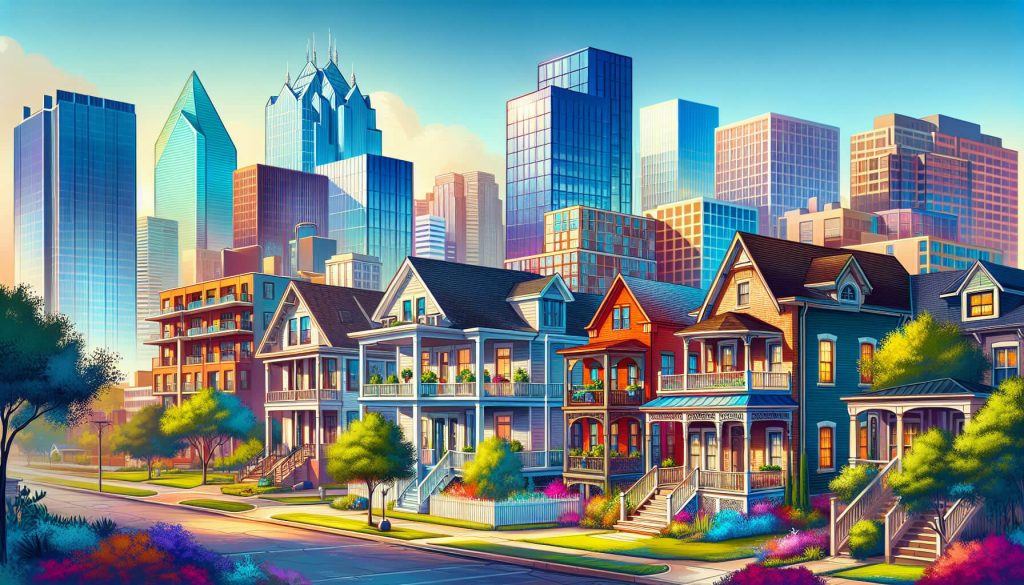 An illustration showcasing various property types in Dallas, including apartments and houses.