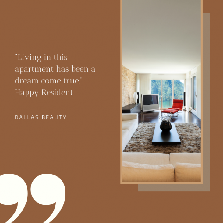 Living room in Dallas apartment with TV, red chair, and coffee table, quote reads 'Living in this apartment has been a dream come true.' - Happy Resident. 