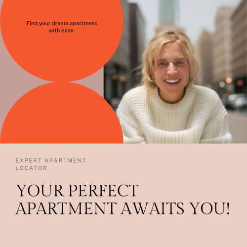 Smiling Kim Shufelt in a white sweater, promotional text 'Find your dream apartment with ease' and 'Your perfect apartment awaits you!