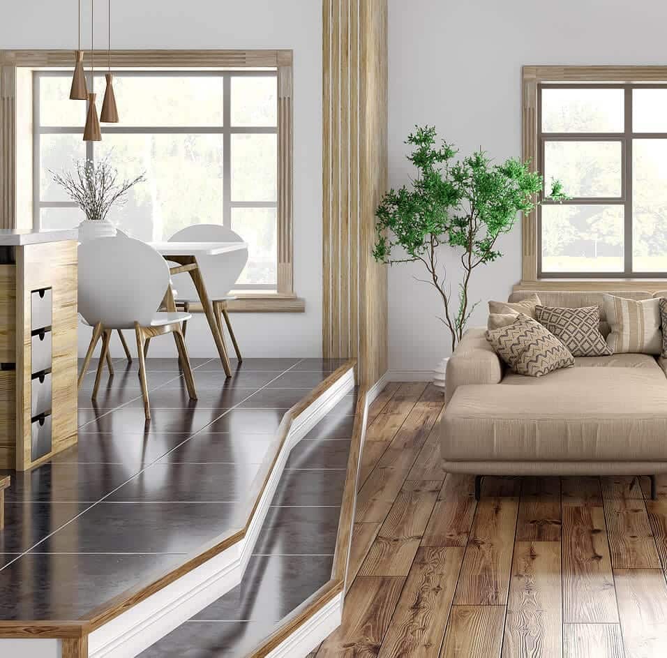 Modern living room with wooden floors and decor.