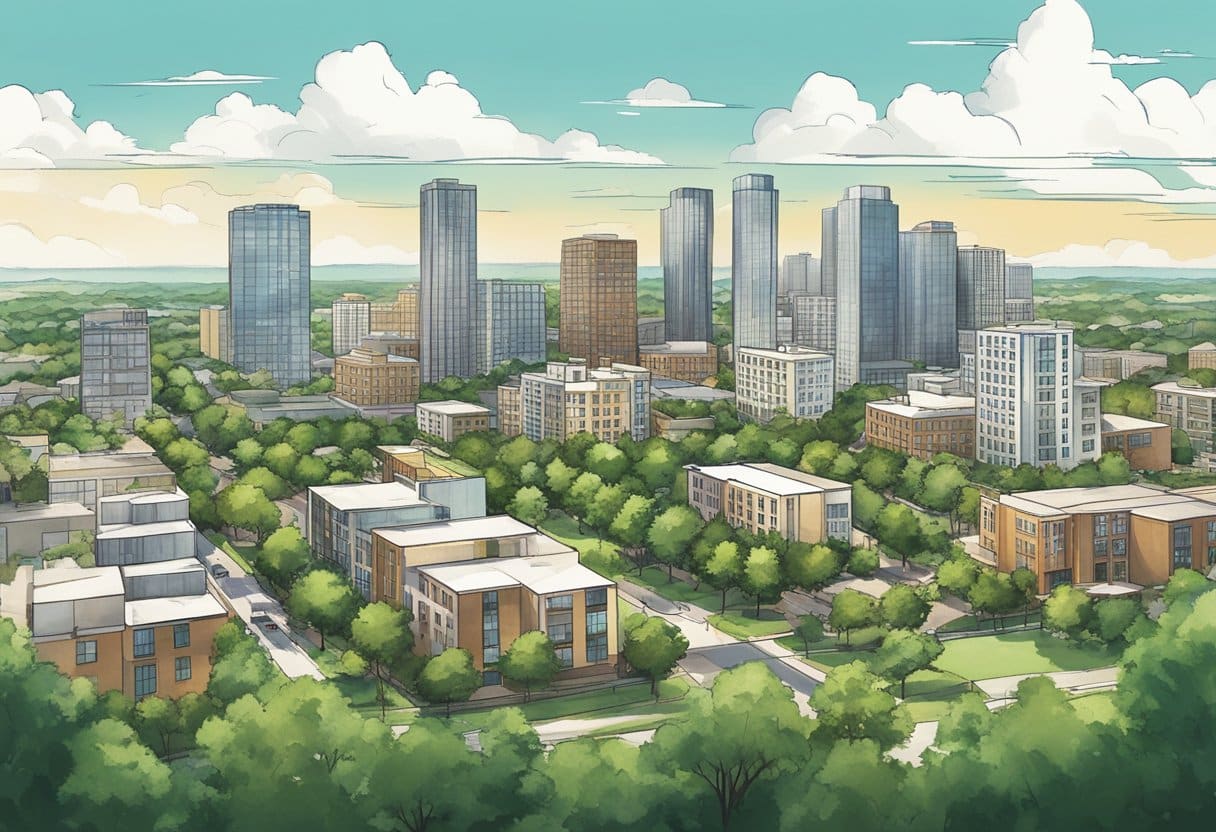 Illustrated cityscape with trees and skyscrapers.