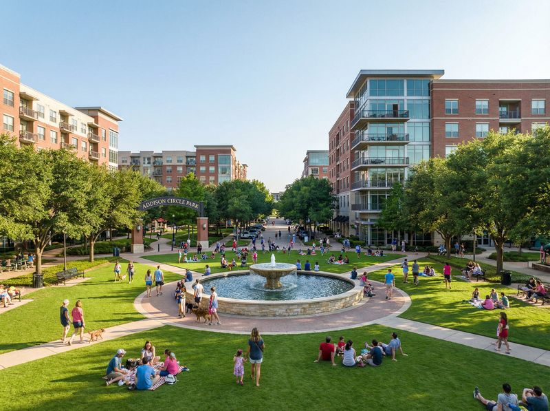 People enjoying Addison Circle Park with fountain.
