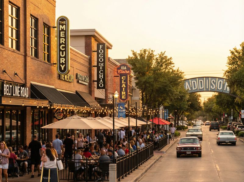 Lively street with outdoor diners and shops