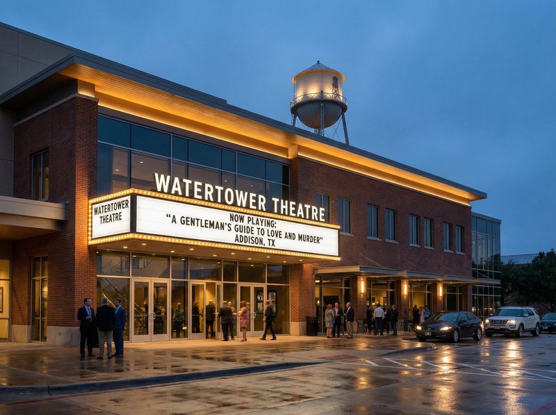 Watertower Theatre entrance at dusk.