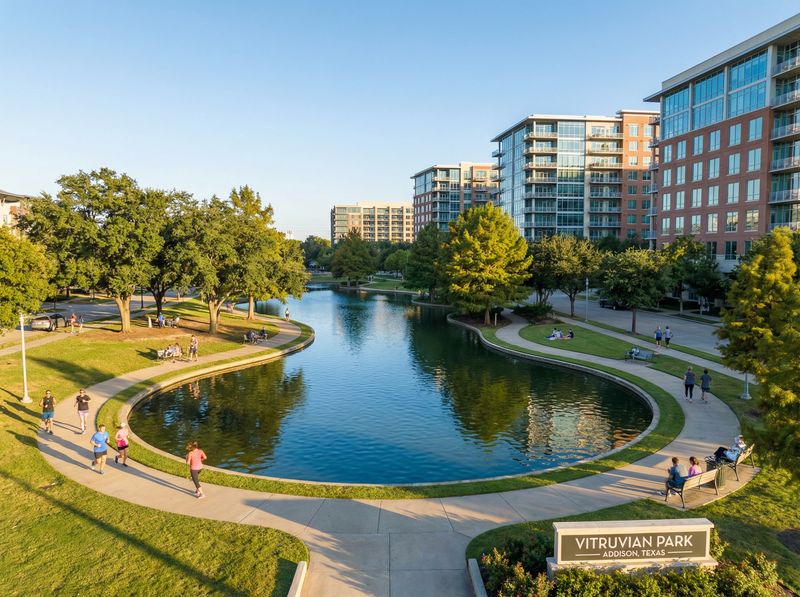 Vitruvian Park with pond and buildings
