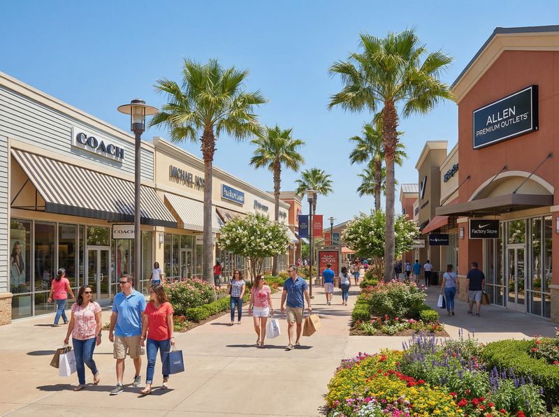 Outdoor shopping mall with shoppers and palm trees