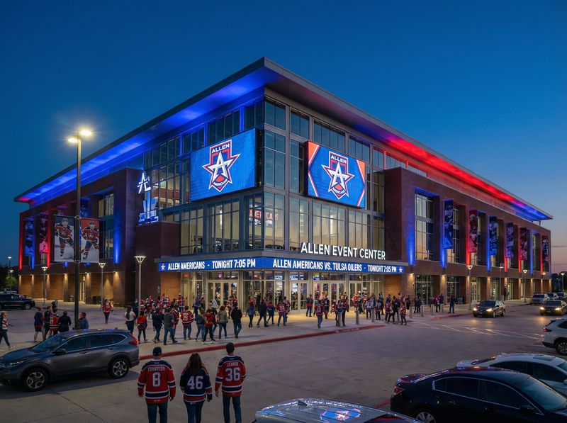 Allen Event Center exterior at dusk