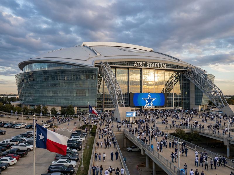 AT&T Stadium with crowd and sunset