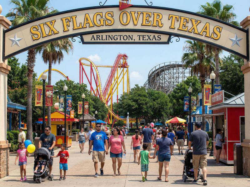 Entrance of Six Flags Over Texas amusement park.