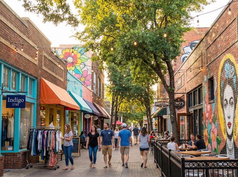 Lively street with murals and shops