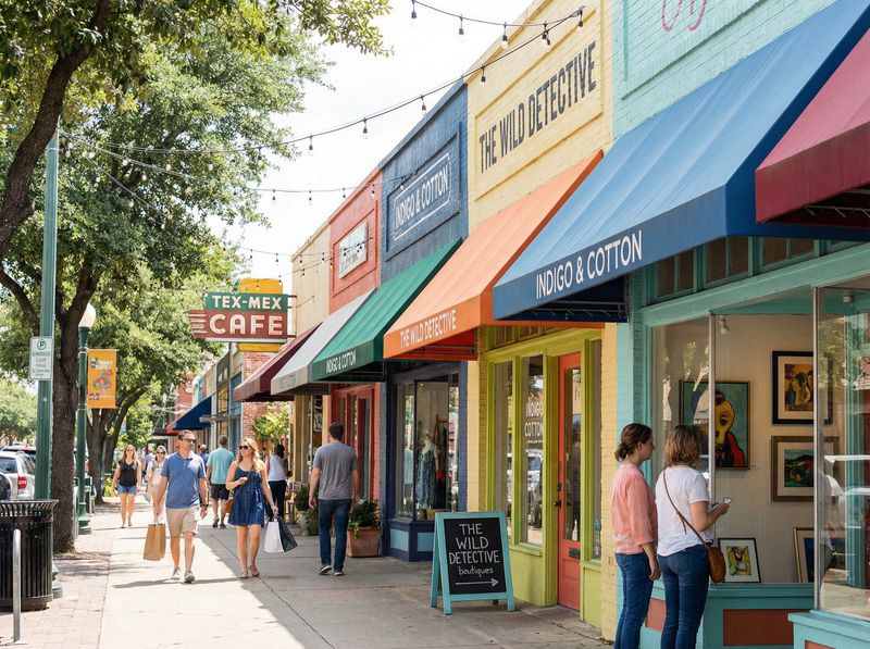 Colorful shops on a lively street.