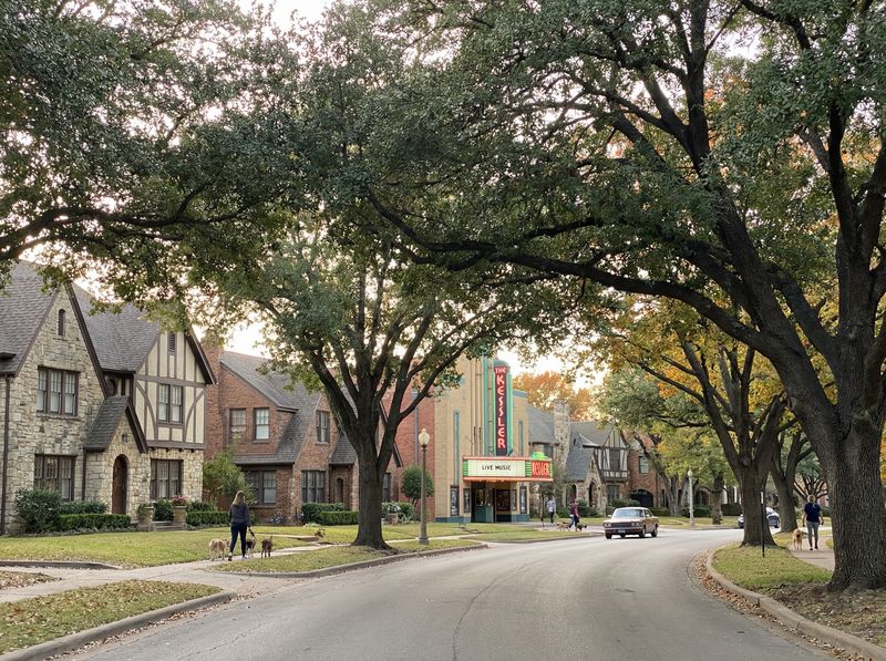 Charming neighborhood street with historic theater