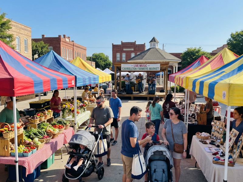 Busy farmers market with colorful tents