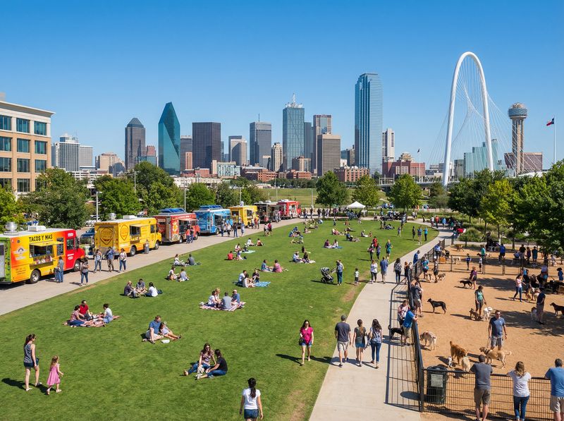 Park with people, food trucks, and city skyline
