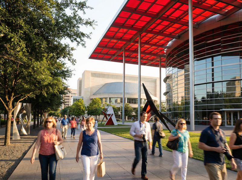 Modern architecture with pedestrians and sculptures