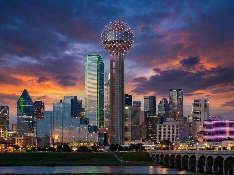 Dallas skyline at sunset with Reunion Tower.
