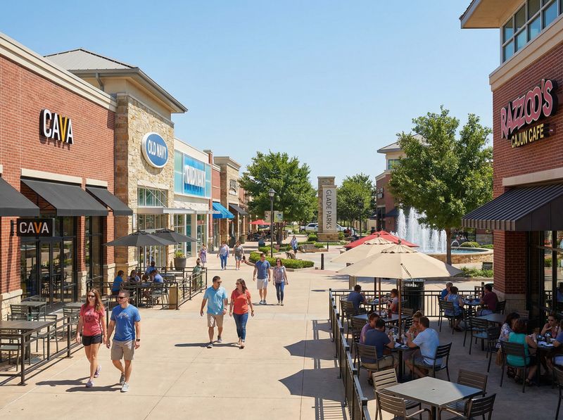Outdoor shopping area with people and shops