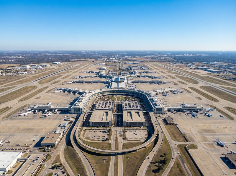 Aerial view of a large airport terminal