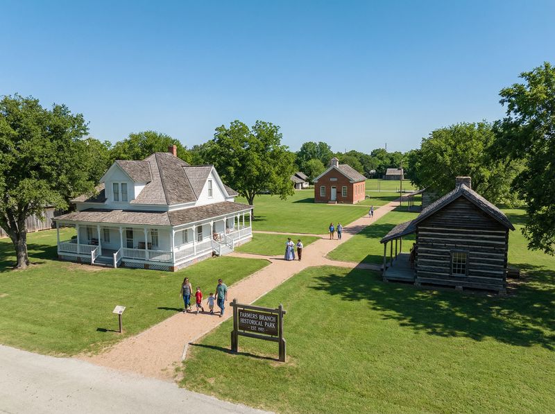 Historical park with vintage buildings and visitors.