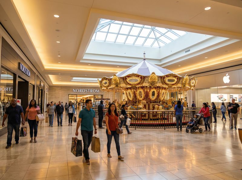 Mall interior with carousel and shoppers