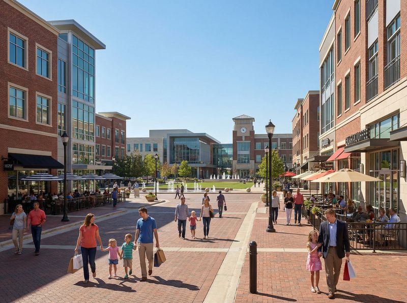 People shopping in a modern outdoor plaza