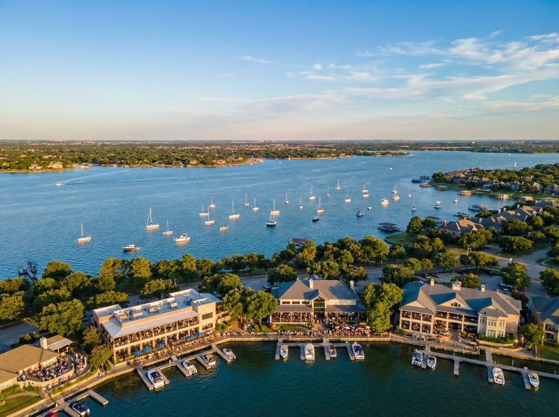 Aerial view of lakeside community at sunset