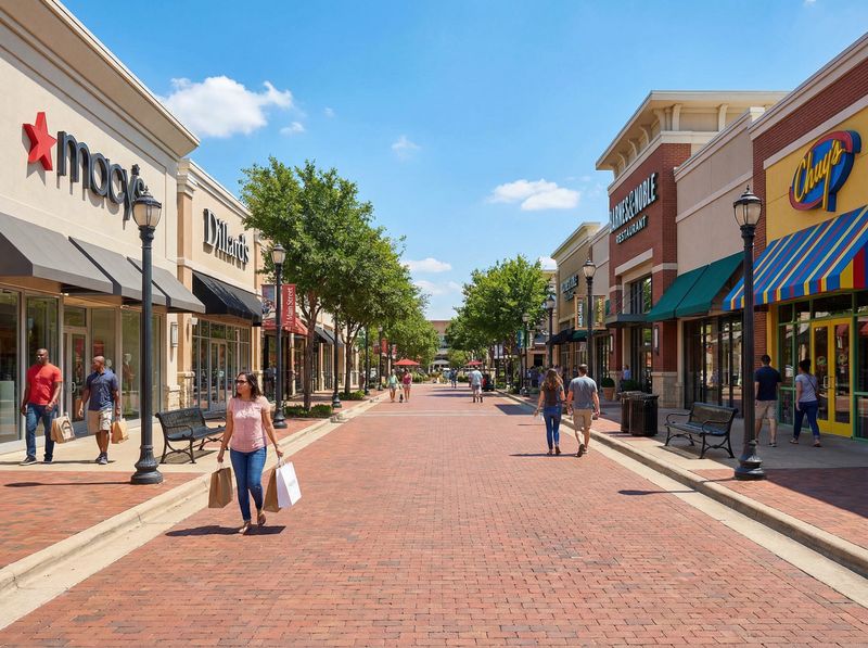 Outdoor shopping mall with brick walkway.