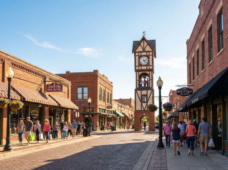 Historic street with clock tower and shops.