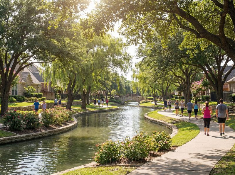 People walking along tree-lined canal path