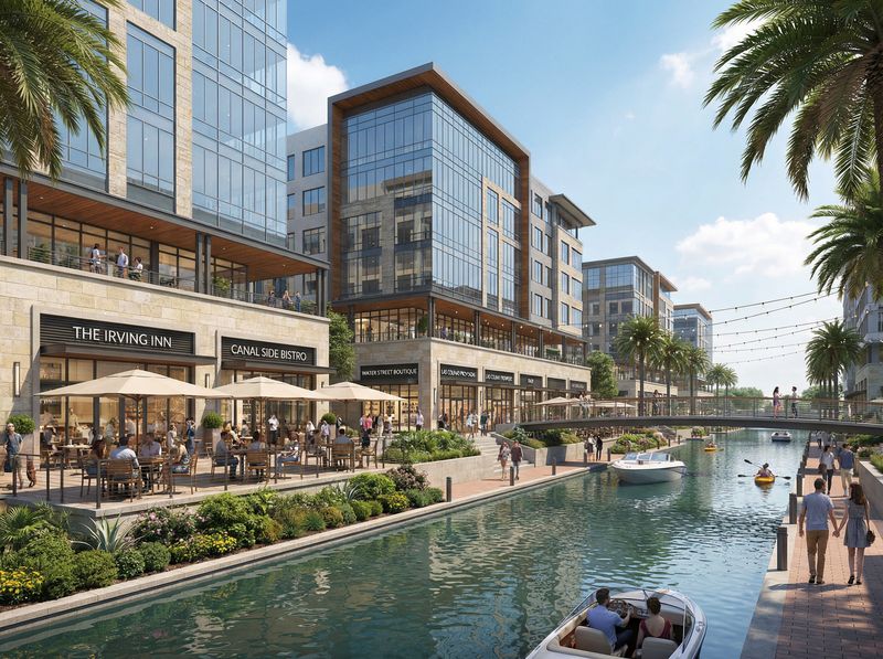 Modern waterfront shopping district with canal