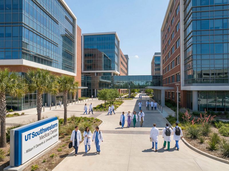 UT Southwestern Medical Center campus courtyard.