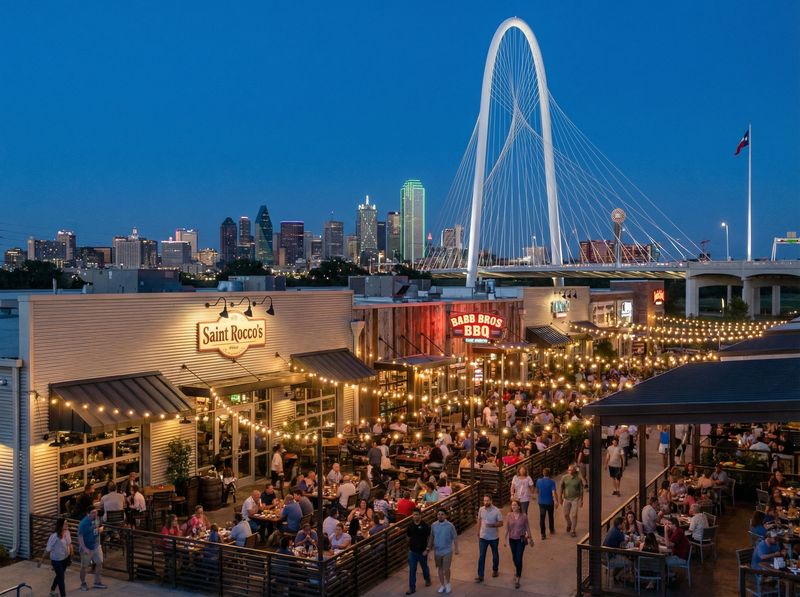 Nighttime Dallas rooftop dining with city skyline