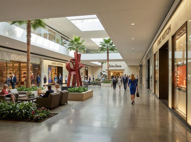 Luxurious shopping mall interior with palm trees