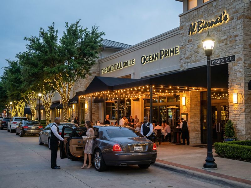 Evening at upscale restaurant entrance with valet service