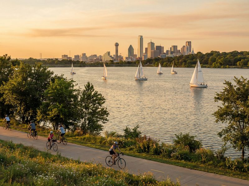 Cyclists and sailboats with city skyline.