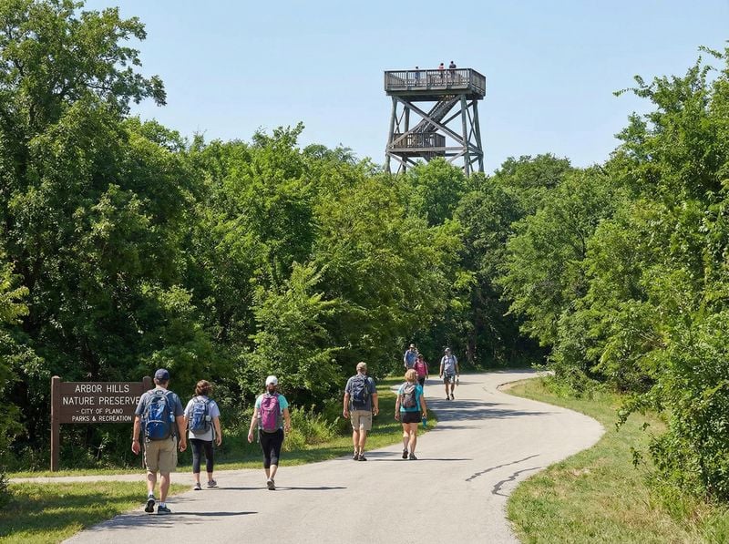 Hikers on trail with lookout tower.