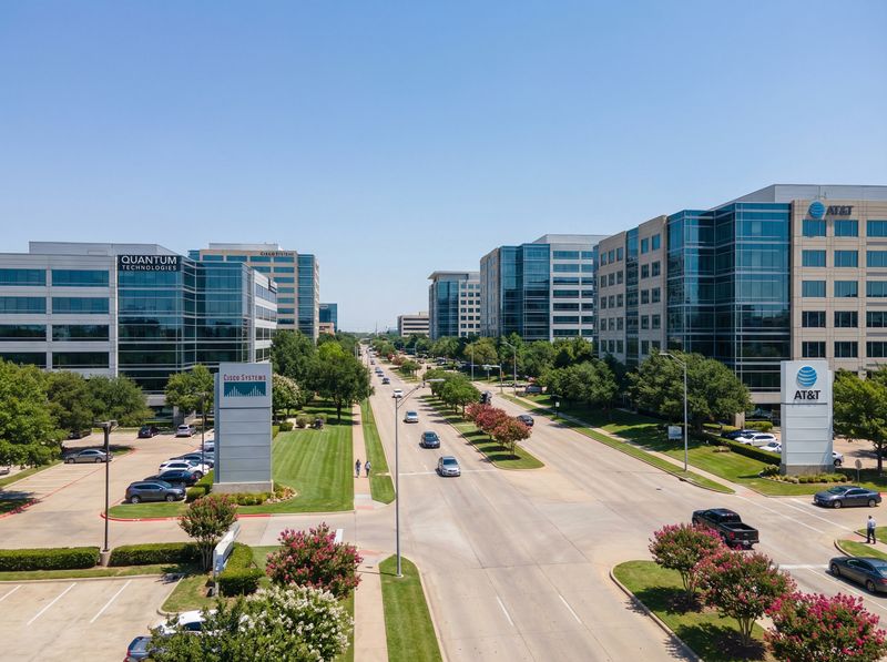 Corporate campus with office buildings and road.