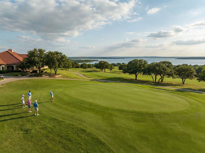 Golfers on green with lake view