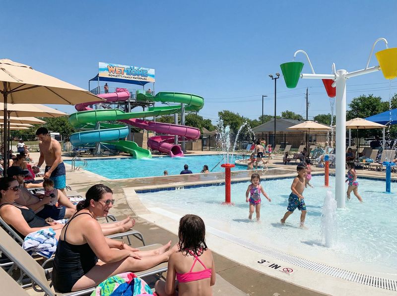 Family enjoying water park with slides