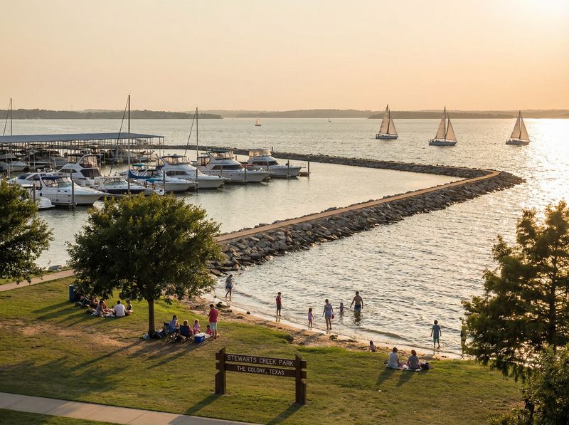 Sunset at Stewart Creek Park with boats and beachgoers