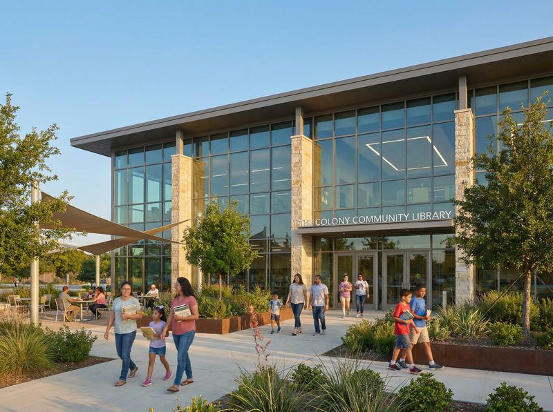 Modern community library entrance with visitors outside