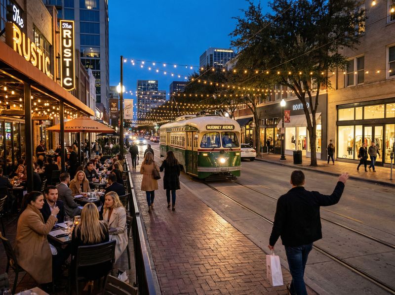 Evening street scene with tram and dining