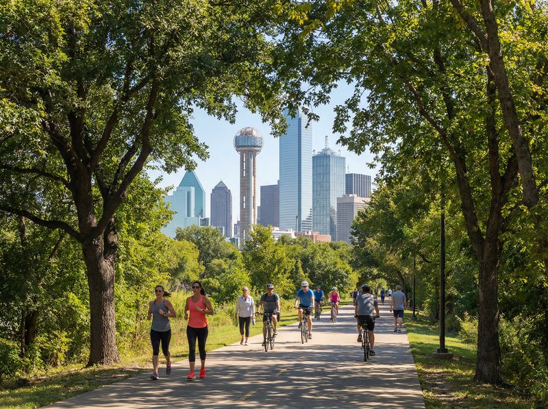 People exercising in a park with city skyline