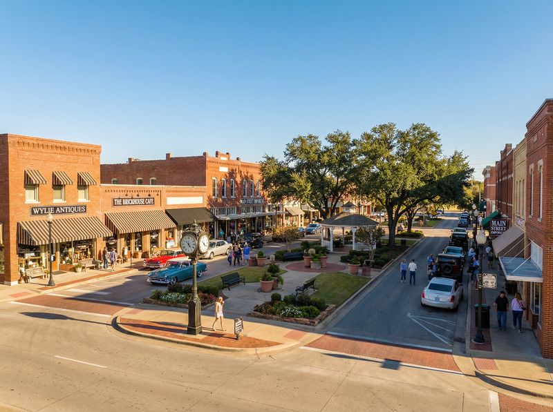 Quaint town square with historic buildings.