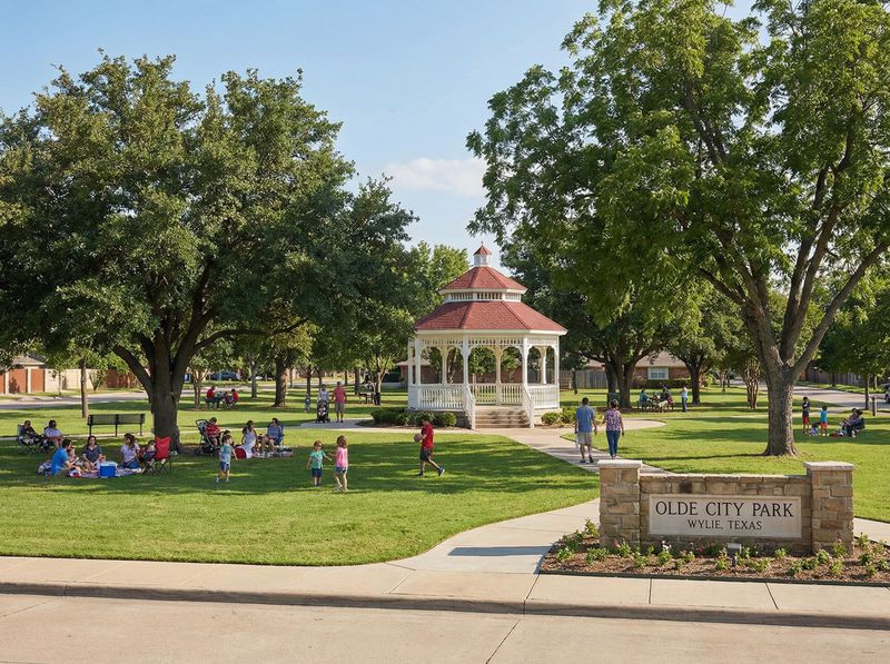 Park with gazebo and people relaxing
