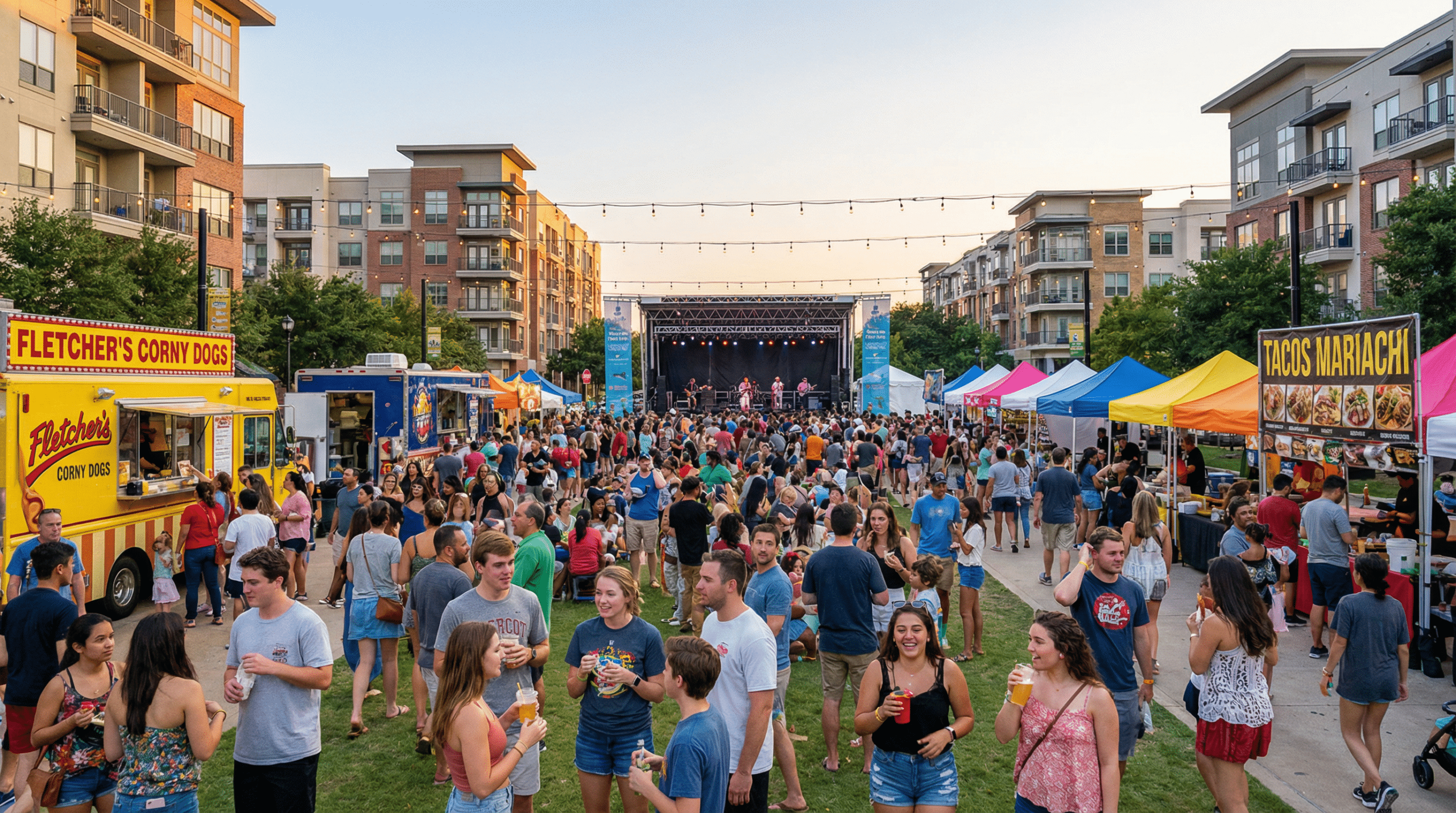 Crowded outdoor festival with food trucks and stage.