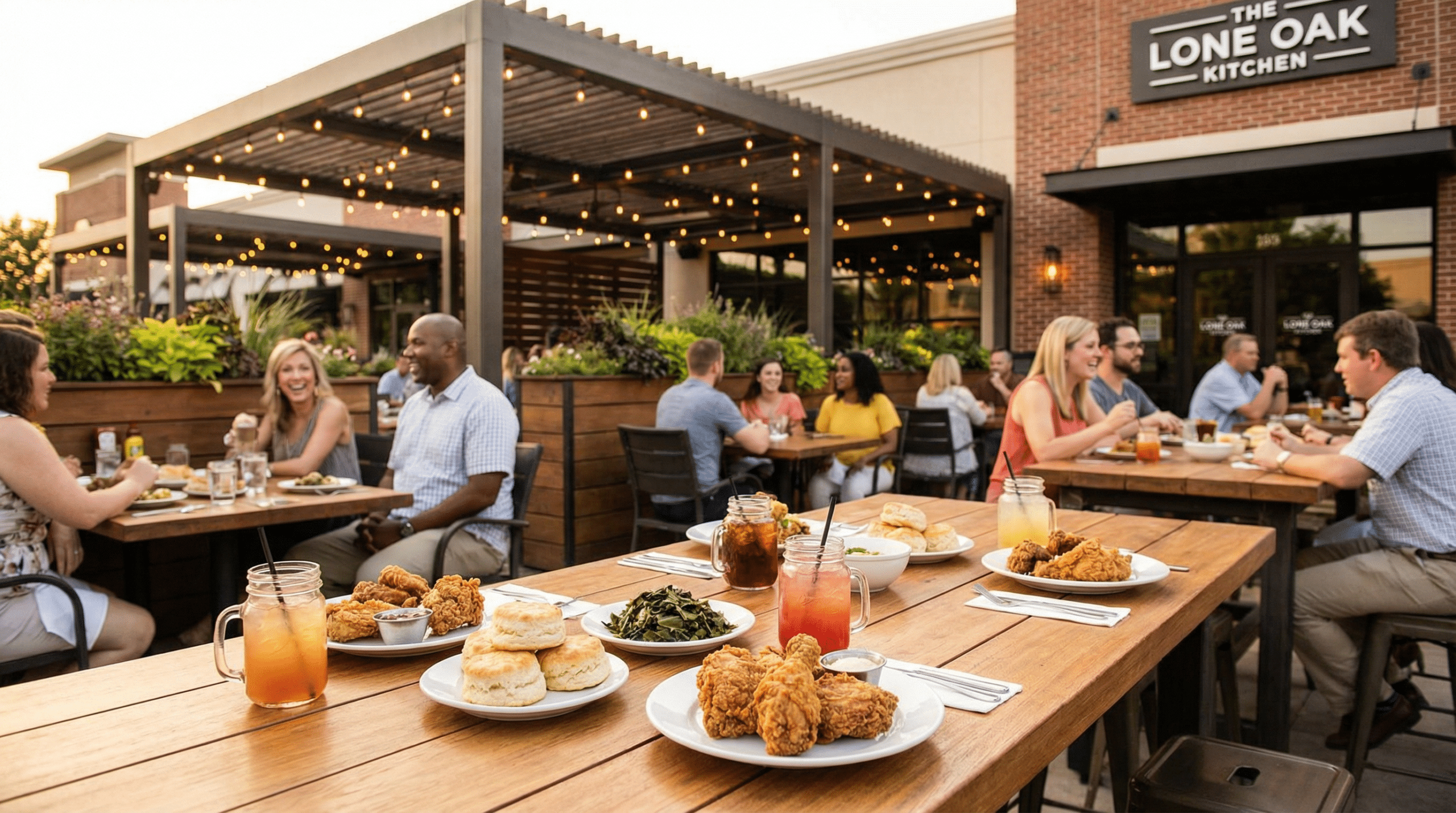 Outdoor dining at a busy restaurant patio