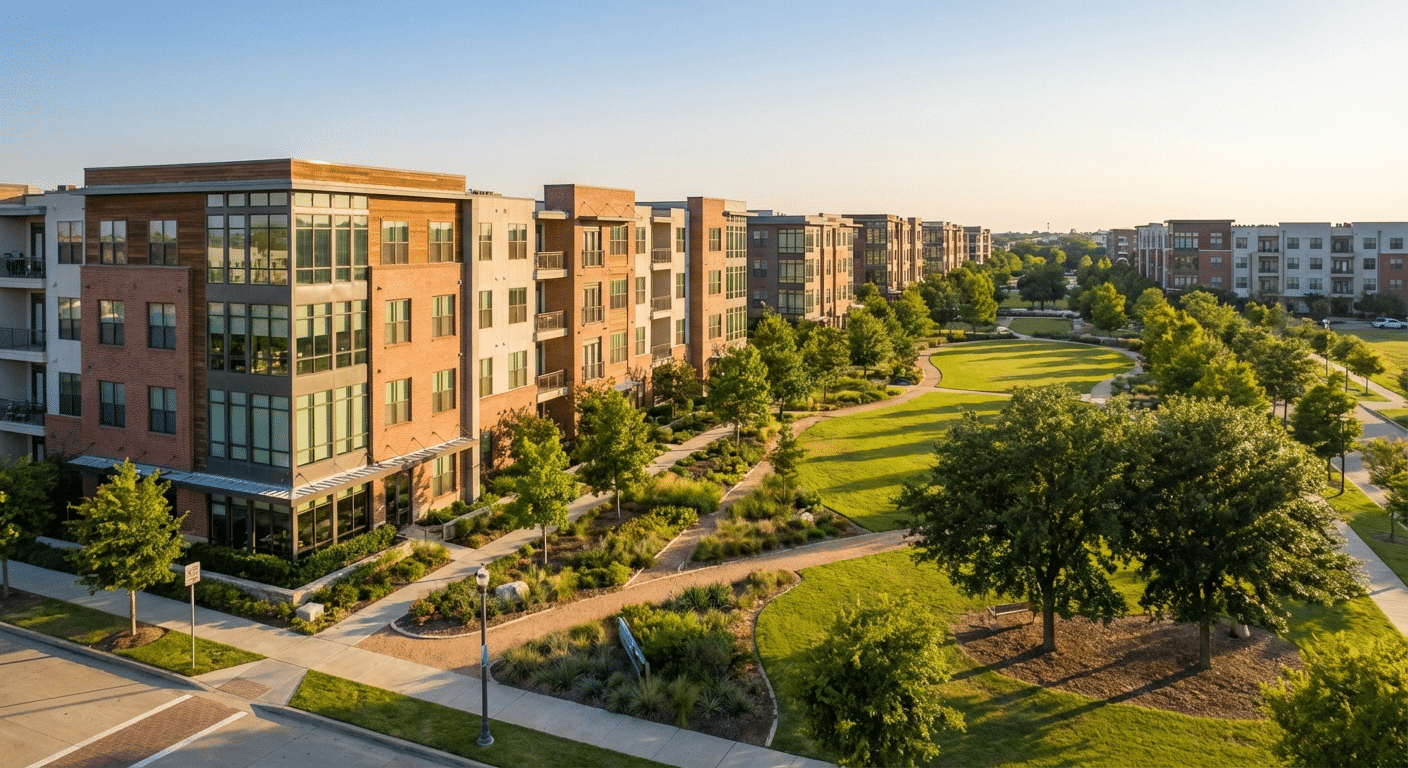 Beautiful photograph of a modern residential neighborhood with apartments and parks in Addison, Texas.